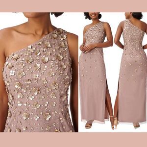 NEW $249 Adrianna Papell [‎ 6 ] 3D Floral-Beaded One-Shoulder Gown in Stone
